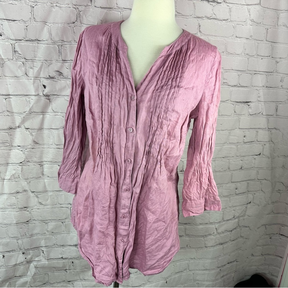 Coldwater Creek Mauve linen tunic pintuck pleat Shirt womens S 3/4 bell sleeve